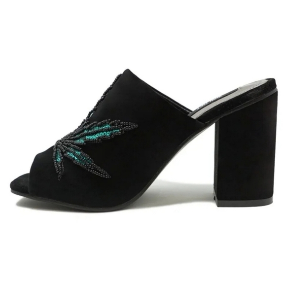 IRON FIST ✦ Mary Jane Block Heel Mules ✦ Green Black Vegan Velvet Weed Leaf - Picture 7 of 10